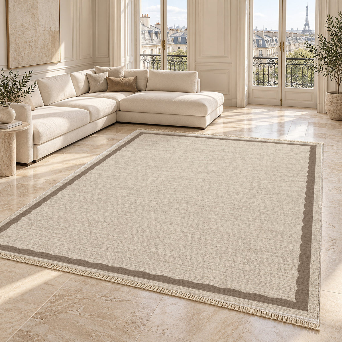 Soft Scallop Ivory & Taupe washable rug angled room view on marble
