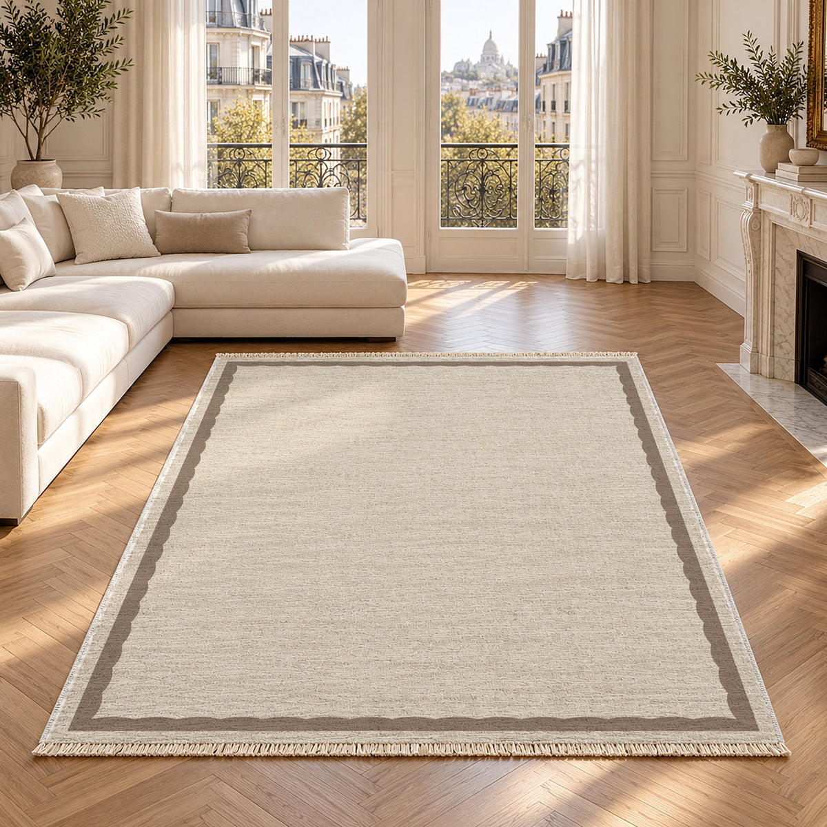 Soft Scallop Ivory & Taupe washable rug in a Paris living room