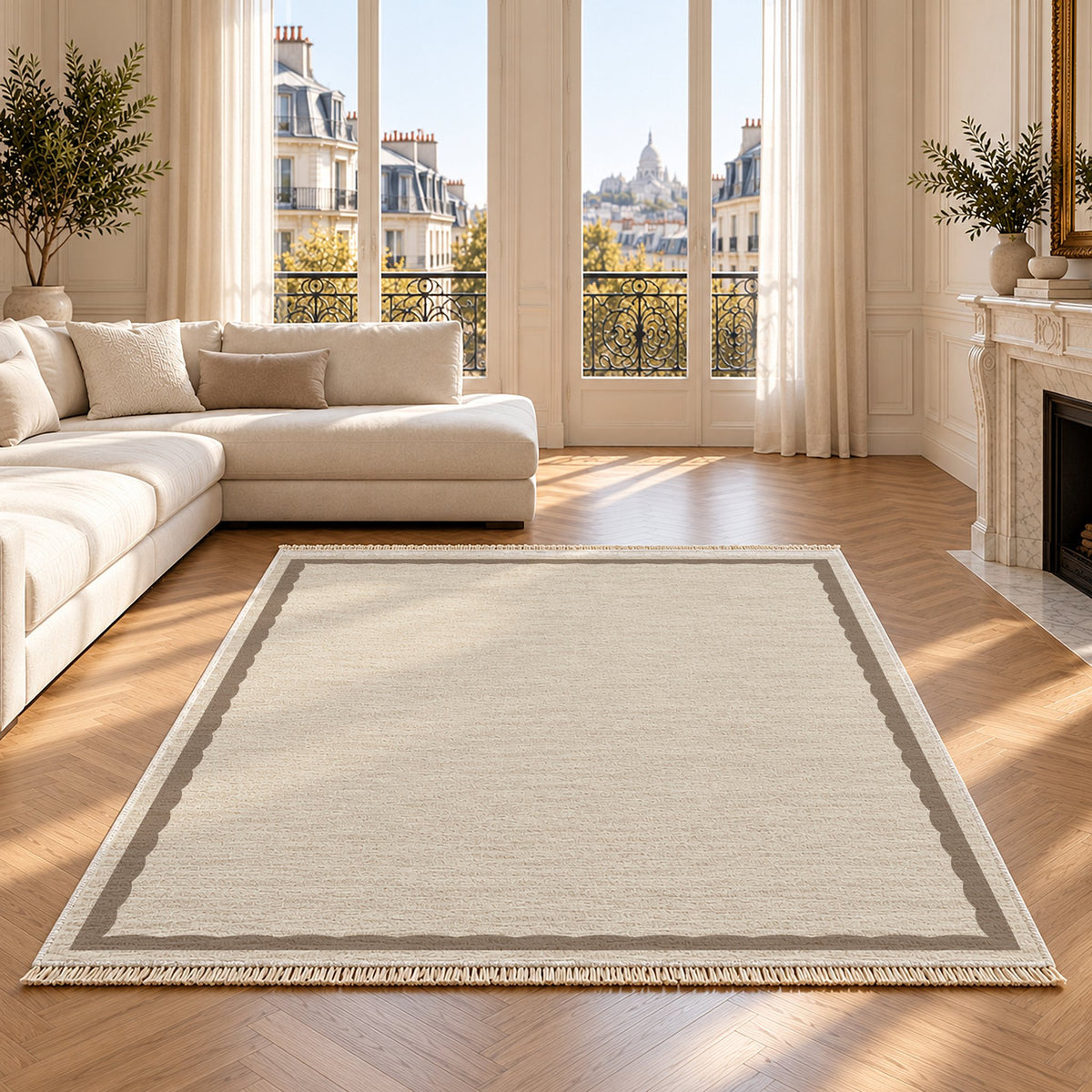 Soft Scallop Ivory & Taupe washable rug on an oak floor