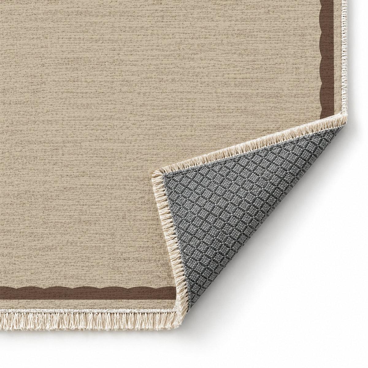 Soft Scallop Oat & Cocoa washable rug folded corner showing the backing
