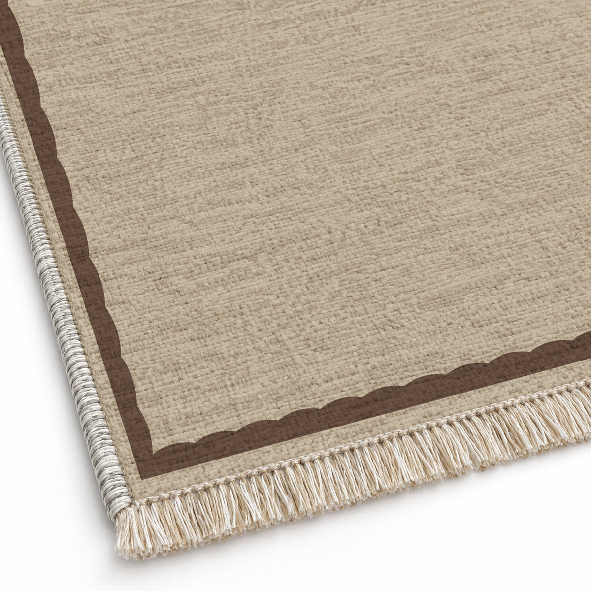 Soft Scallop Oat & Cocoa washable rug close-up of the printed chenille