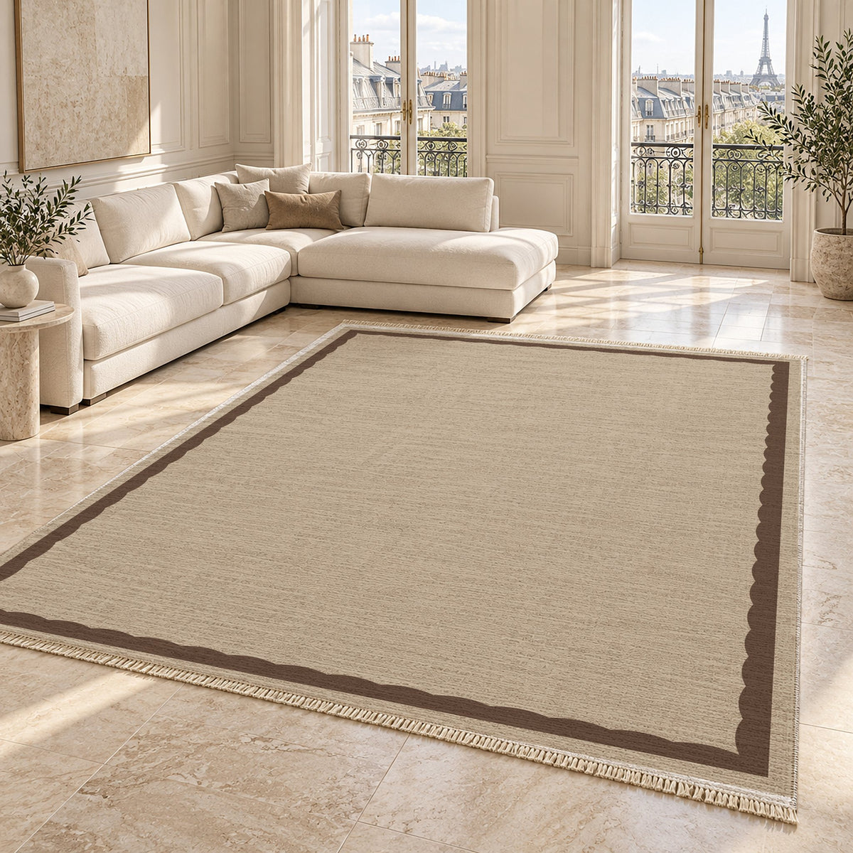 Soft Scallop Oat & Cocoa washable rug angled room view on marble