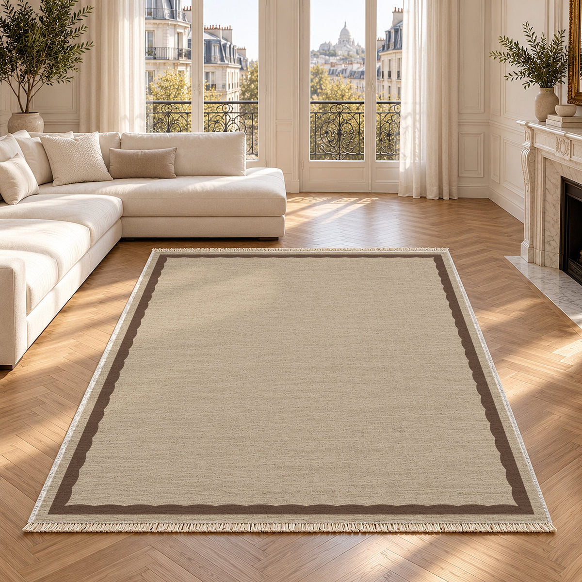 Soft Scallop Oat & Cocoa washable rug in a Paris living room