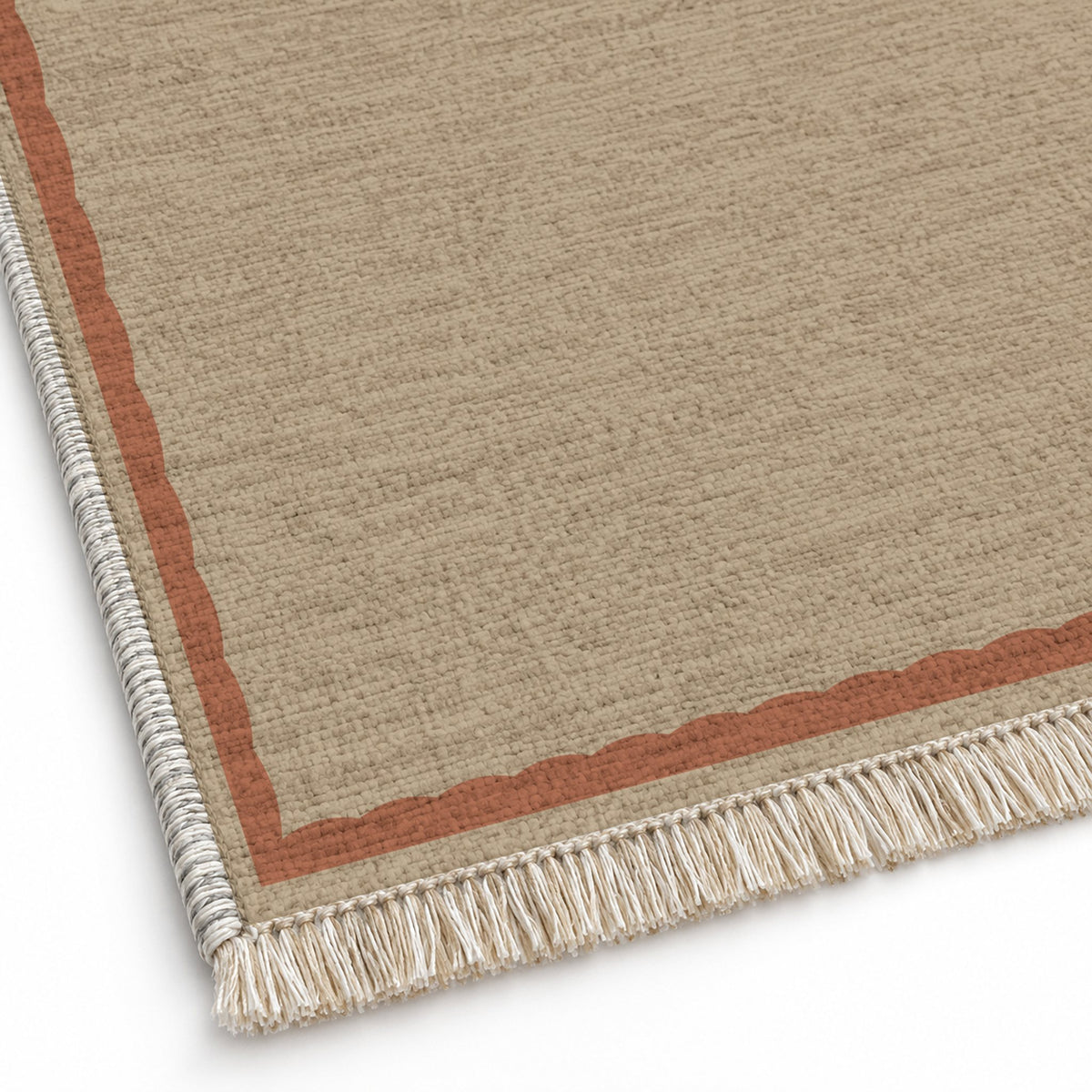 Soft Scallop Sand & Terracotta washable rug close-up of the printed chenille