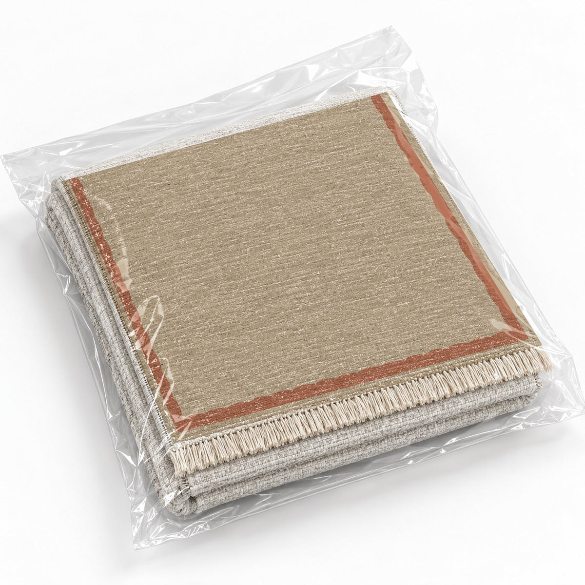 Soft Scallop Sand & Terracotta washable rug rolled and packaged