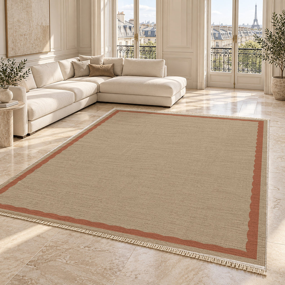 Soft Scallop Sand & Terracotta washable rug angled room view on marble