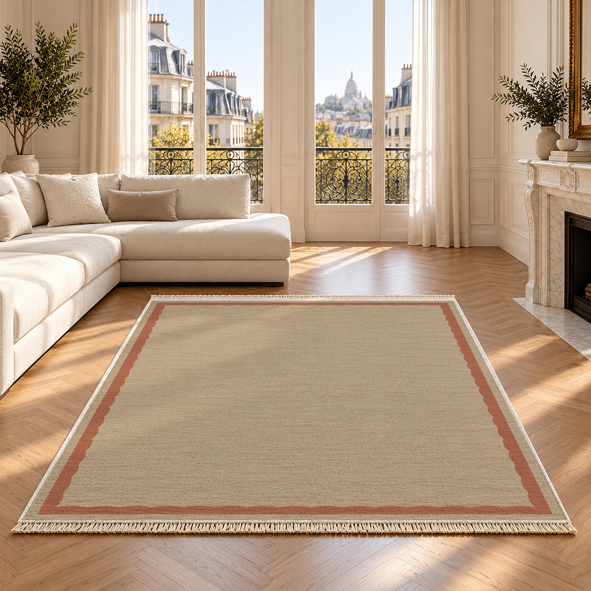 Soft Scallop Sand & Terracotta washable rug on an oak floor