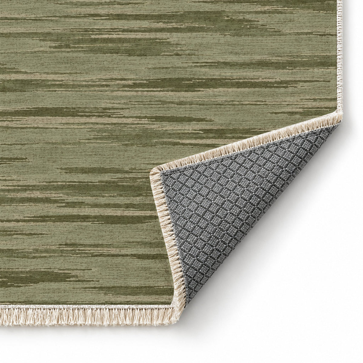 Soft Stria Sage & Oat washable rug folded corner showing the backing