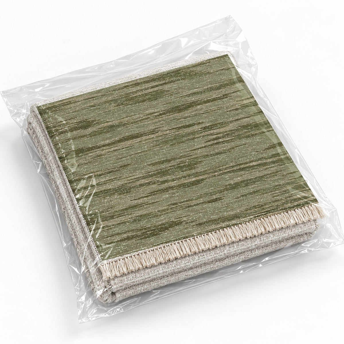Soft Stria Sage & Oat washable rug rolled and packaged