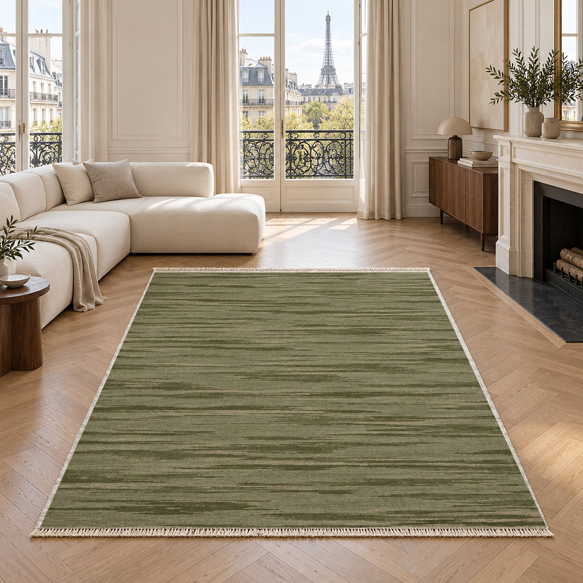 Soft Stria Sage & Oat washable rug in a living room with an Eiffel Tower view