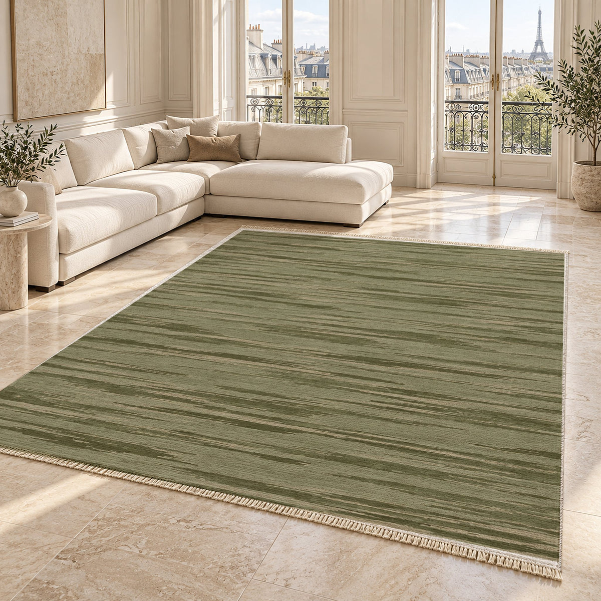 Soft Stria Sage & Oat washable rug angled room view on marble