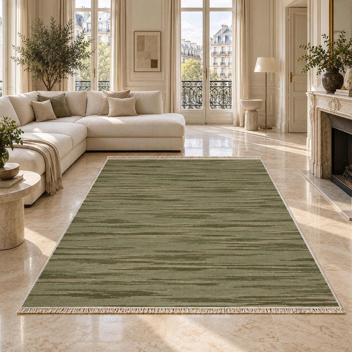 Soft Stria Sage & Oat washable rug on a marble floor