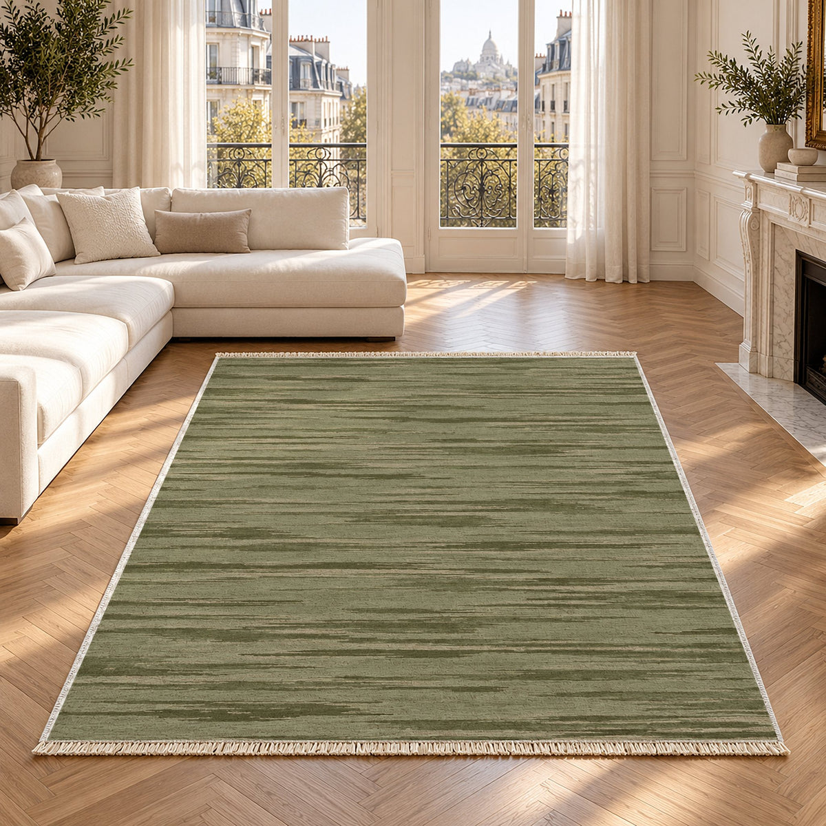Soft Stria Sage & Oat washable rug in a Paris living room