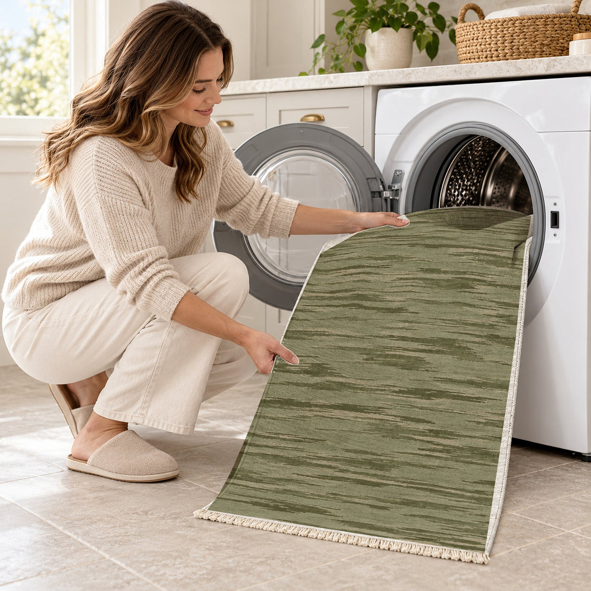 Soft Stria Sage & Oat washable rug being loaded into a washing machine