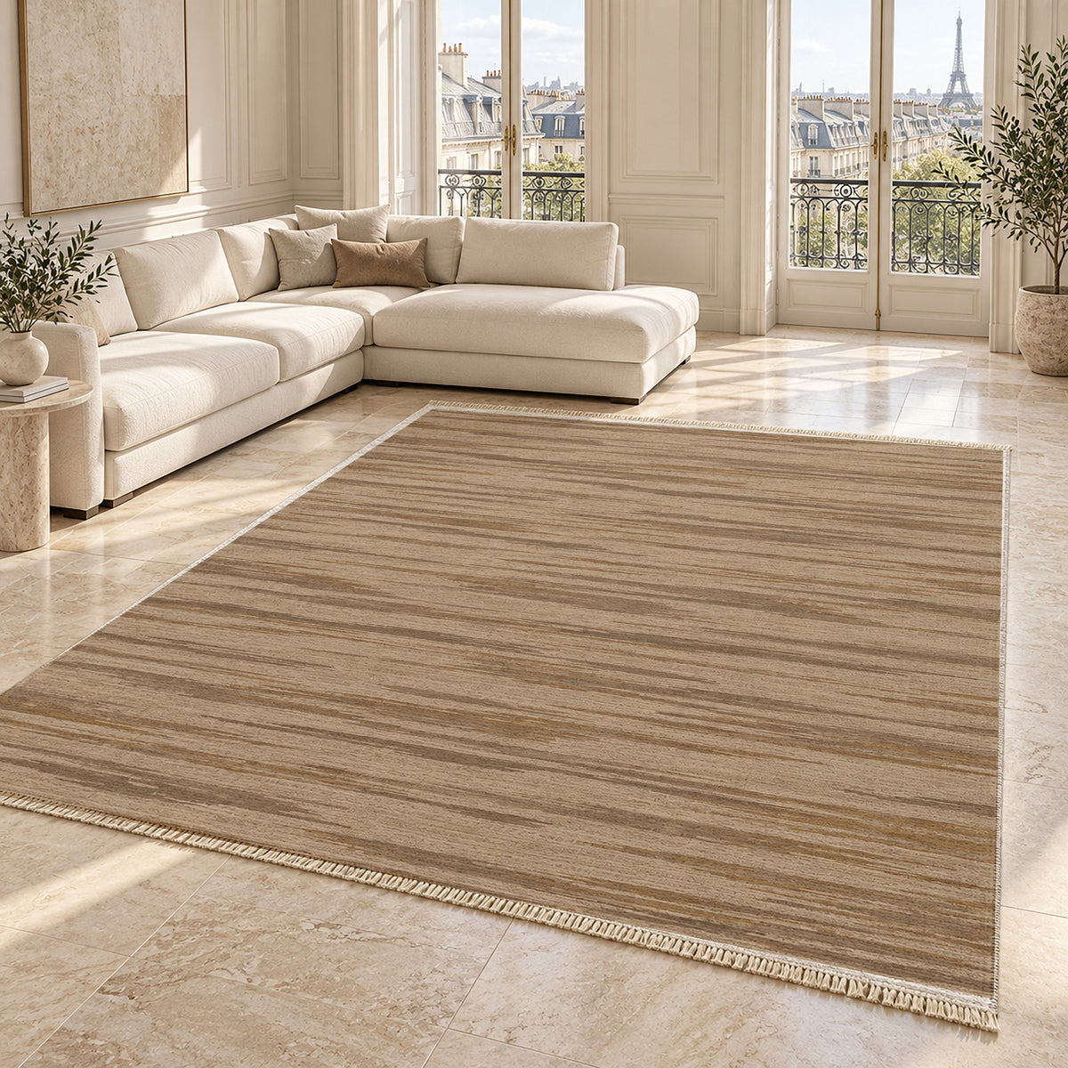 Soft Stria Sand & Taupe washable rug angled room view on marble