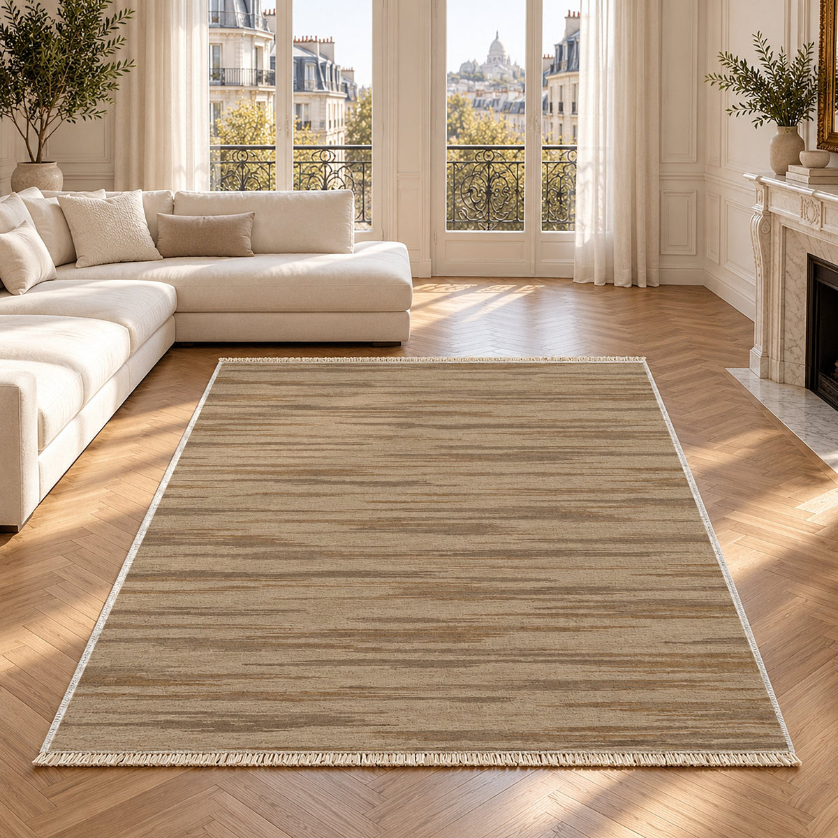 Soft Stria Sand & Taupe washable rug in a Paris living room