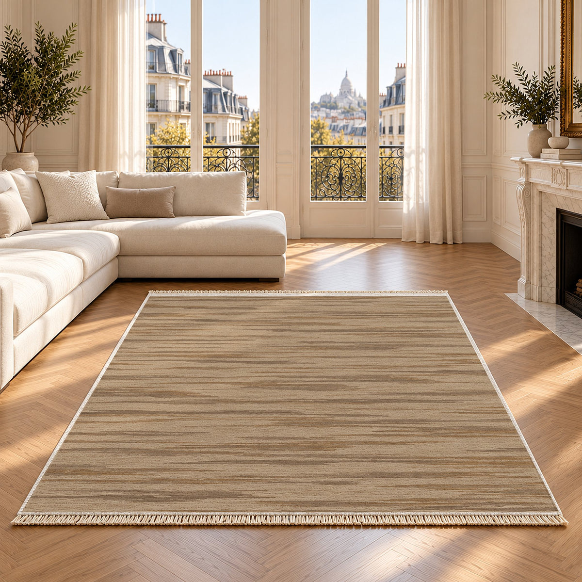 Soft Stria Sand & Taupe washable rug on an oak floor