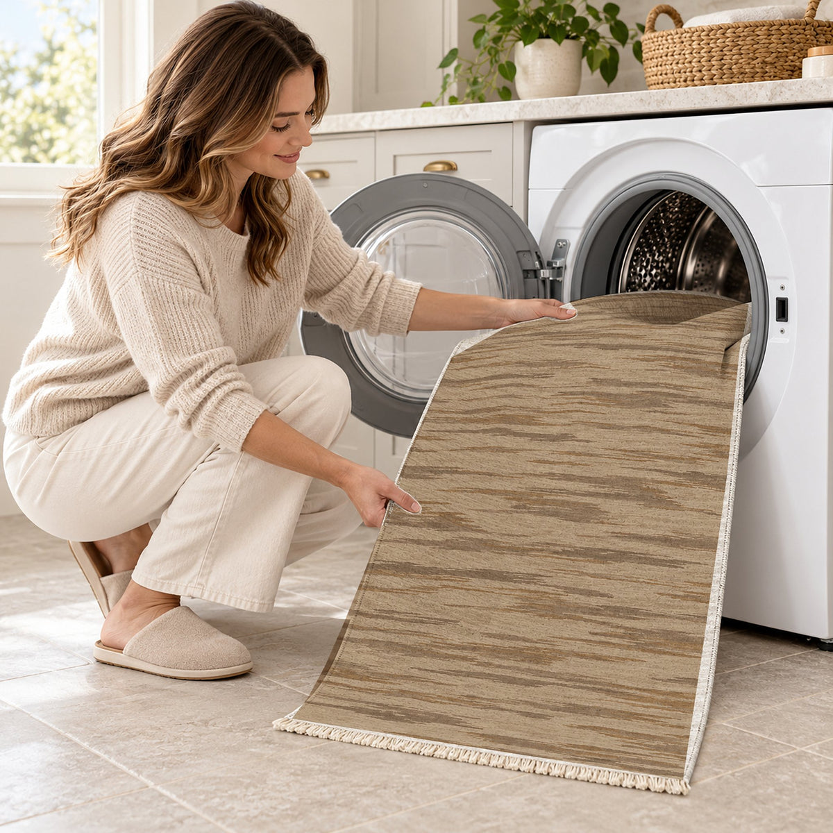 Soft Stria Sand & Taupe washable rug being loaded into a washing machine