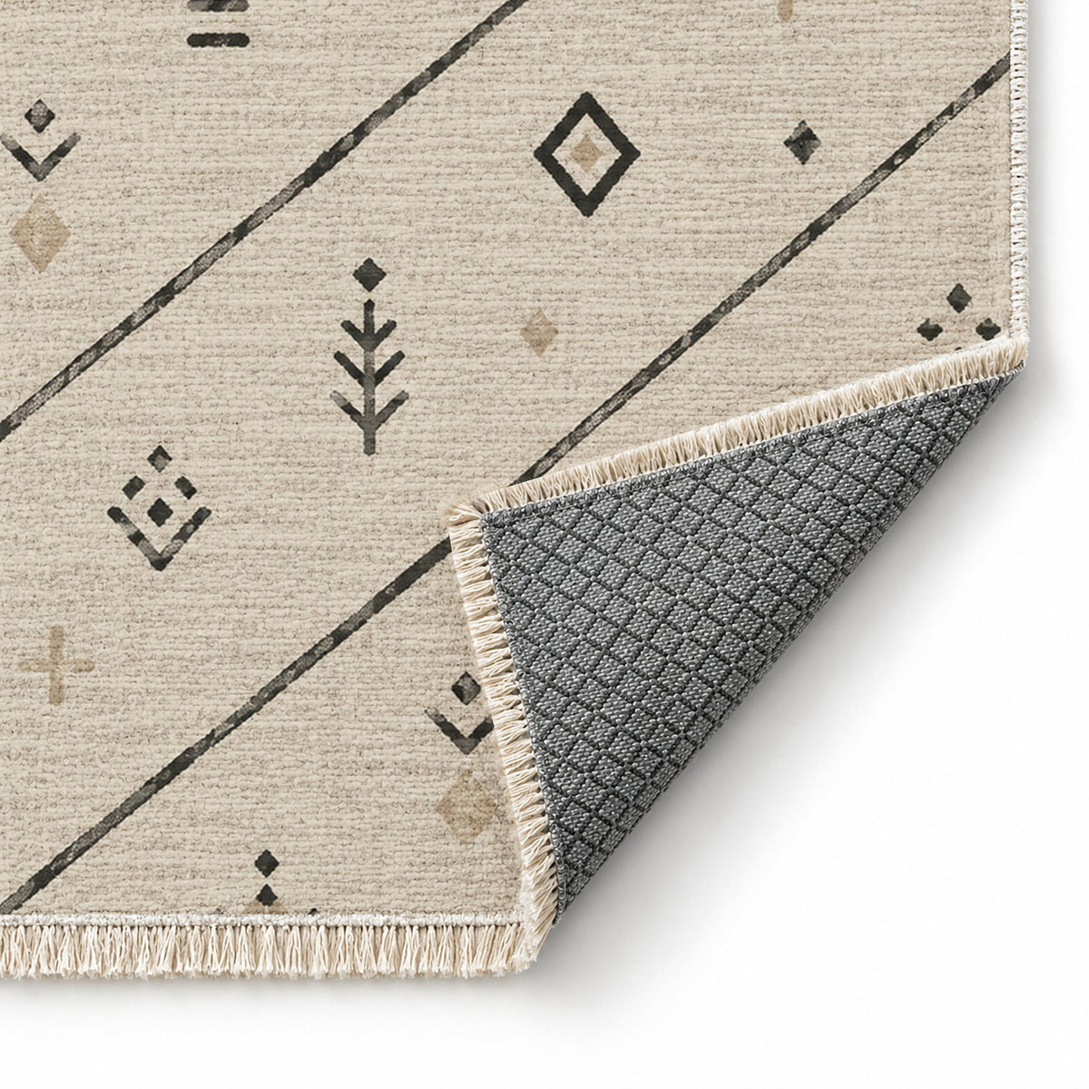 Sparse Symbols Ivory & Charcoal washable rug folded corner showing the backing