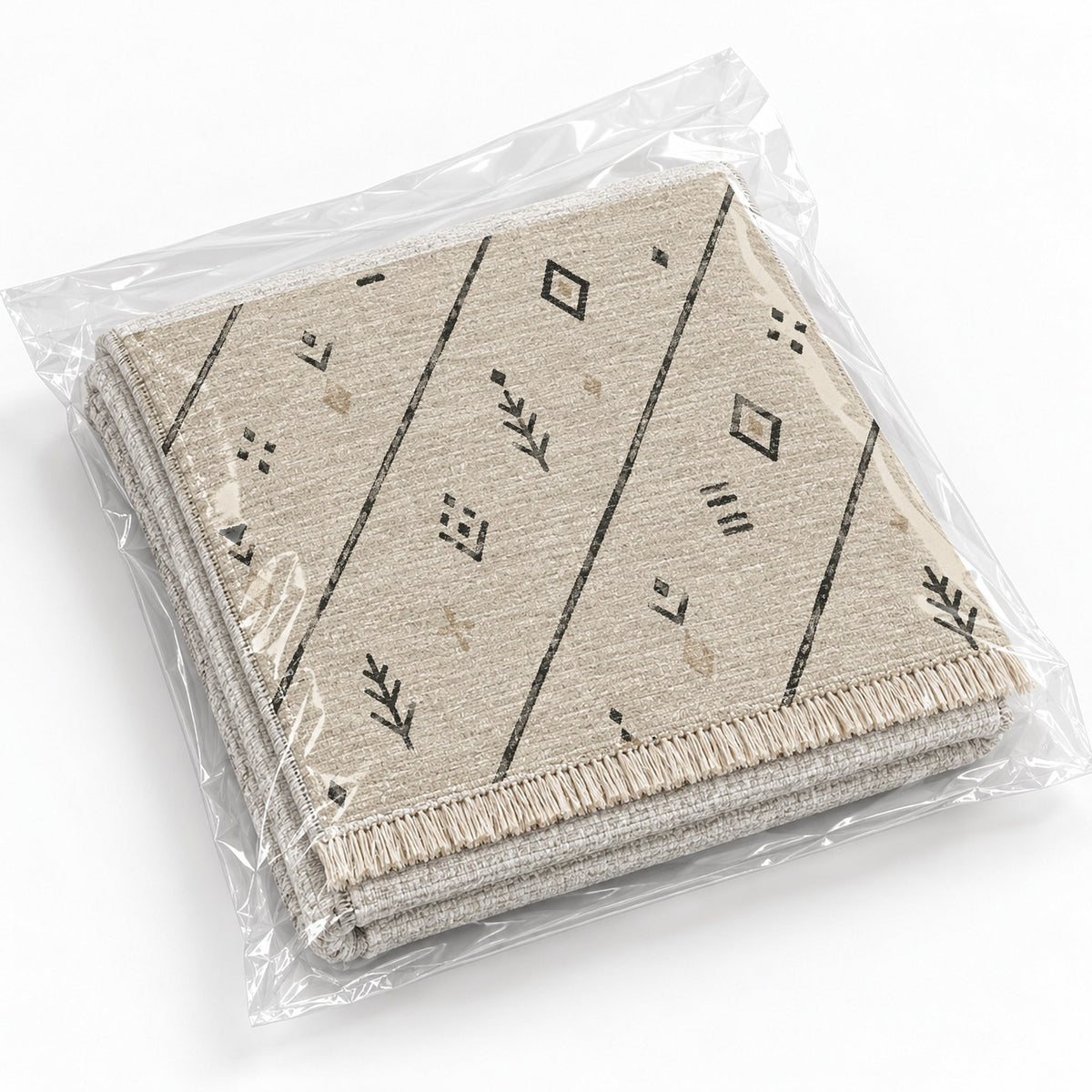 Sparse Symbols Ivory & Charcoal washable rug rolled and packaged