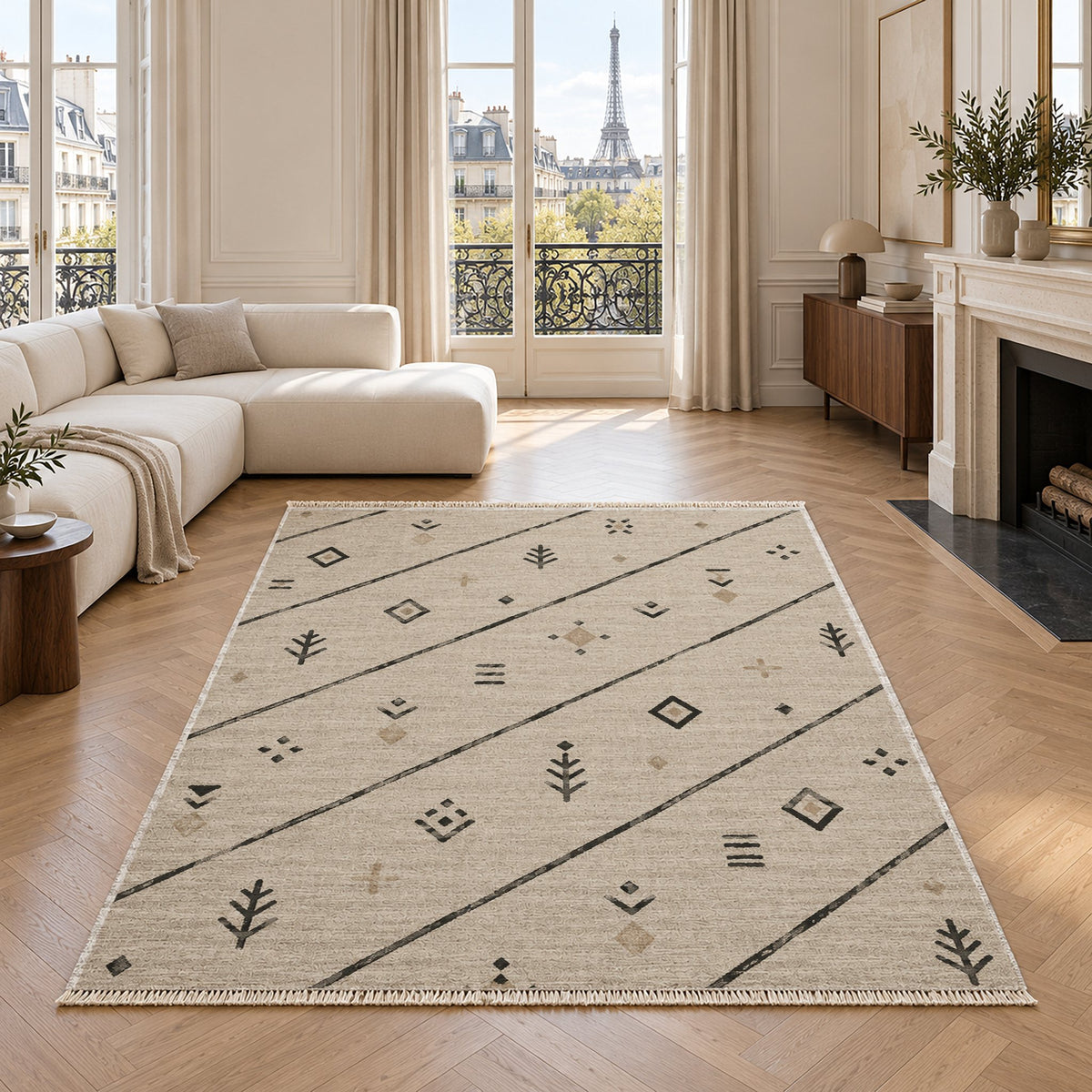 Sparse Symbols Ivory & Charcoal washable rug in a living room with an Eiffel Tower view
