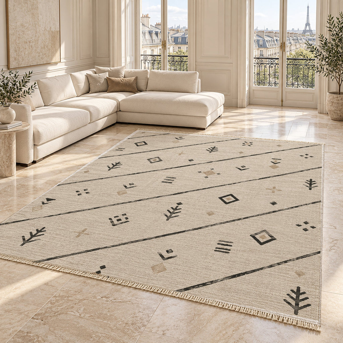 Sparse Symbols Ivory & Charcoal washable rug angled room view on marble