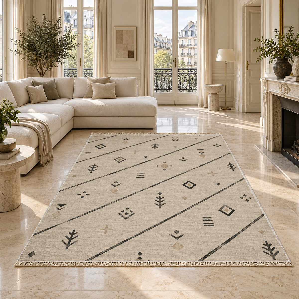 Sparse Symbols Ivory & Charcoal washable rug on a marble floor