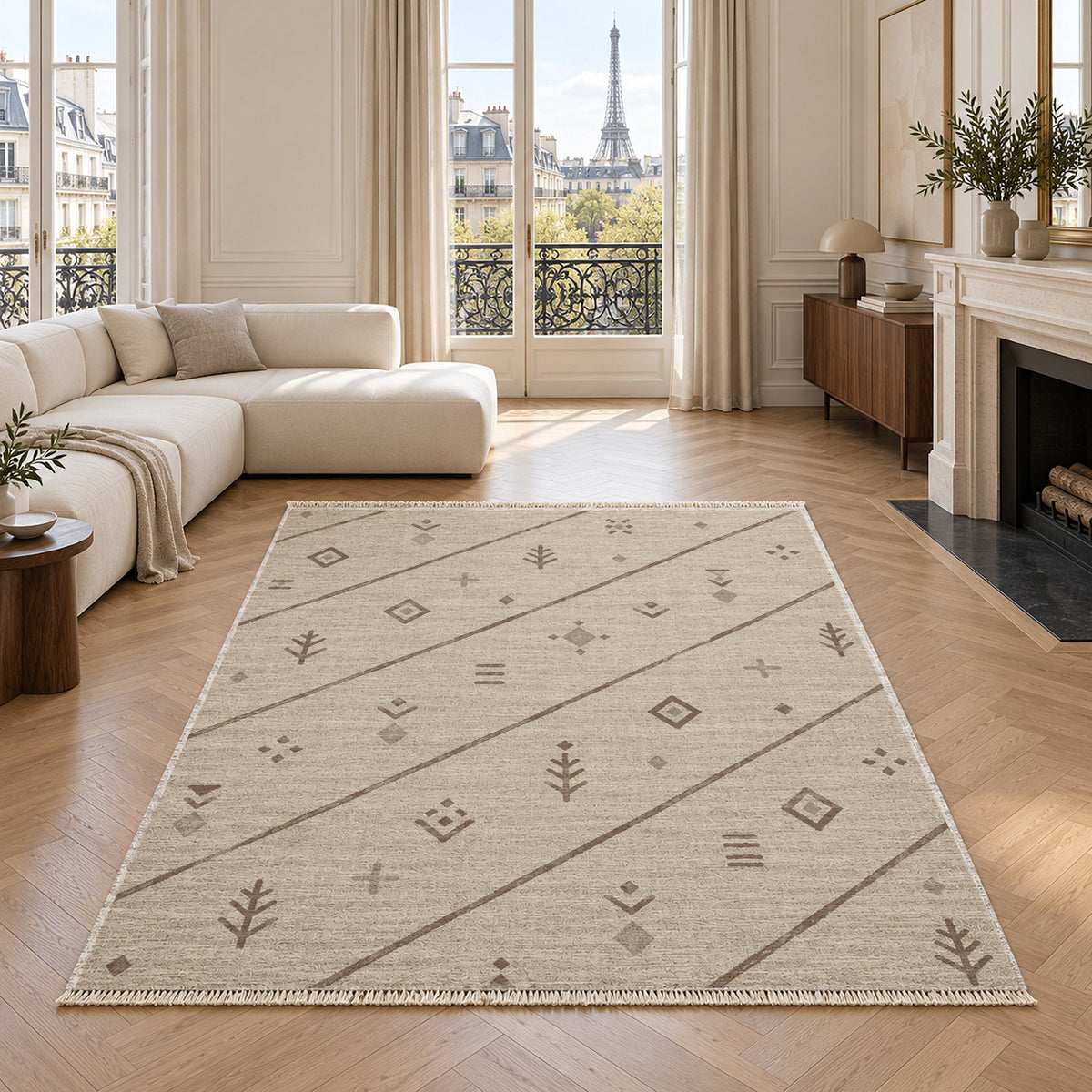 Sparse Symbols Ivory & Taupe washable rug in a living room with an Eiffel Tower view