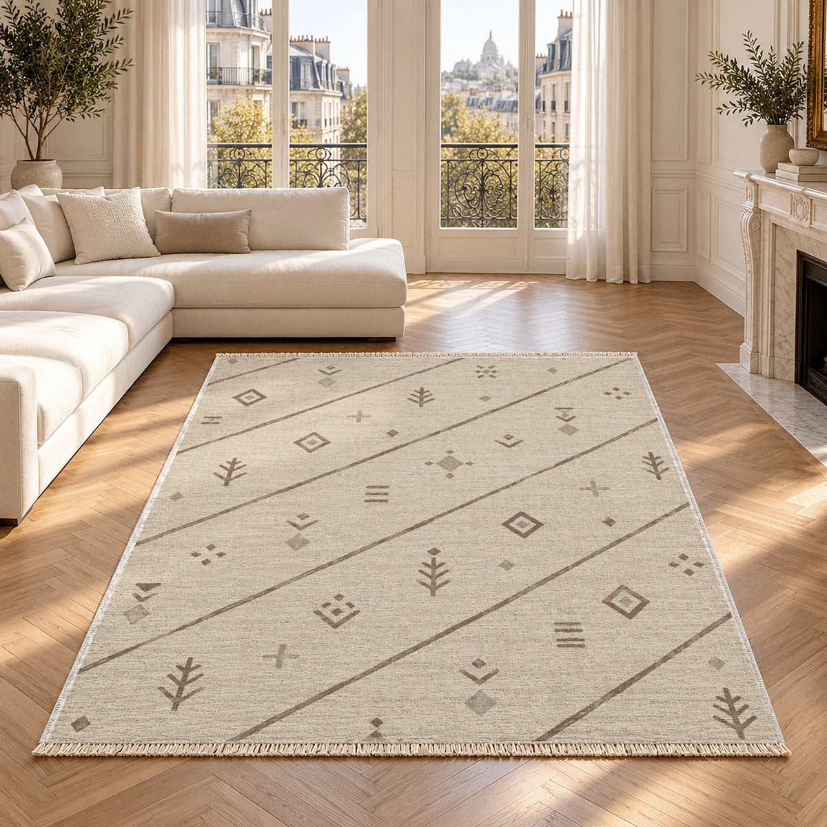 Sparse Symbols Ivory & Taupe washable rug in a Paris living room