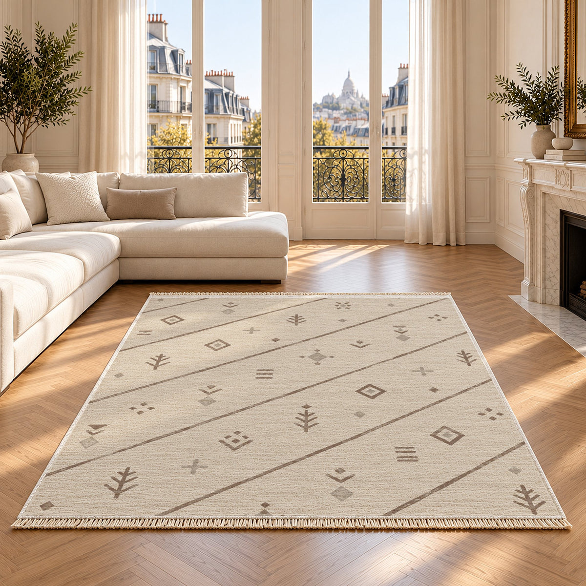 Sparse Symbols Ivory & Taupe washable rug on an oak floor