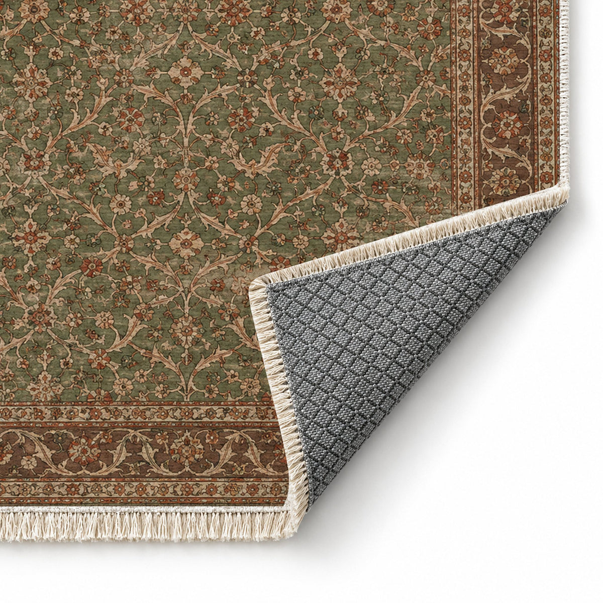 Split Leaf Network Brown washable rug folded corner showing the backing