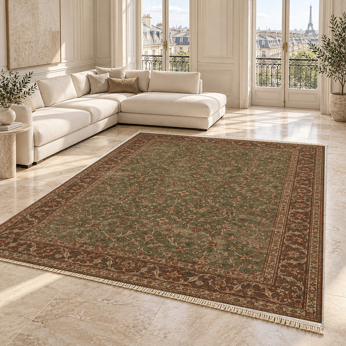 Split Leaf Network Brown washable rug angled room view on marble