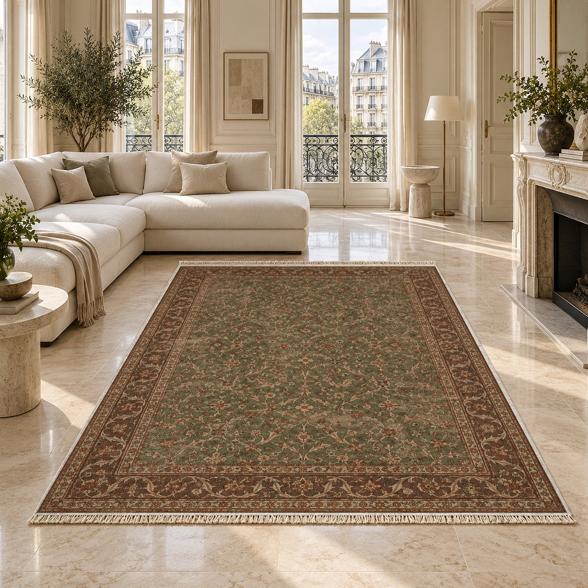 Split Leaf Network Brown washable rug on a marble floor
