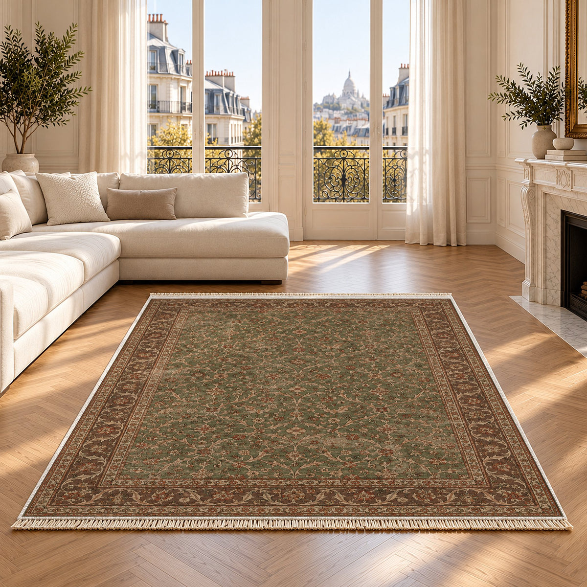 Split Leaf Network Brown washable rug on an oak floor
