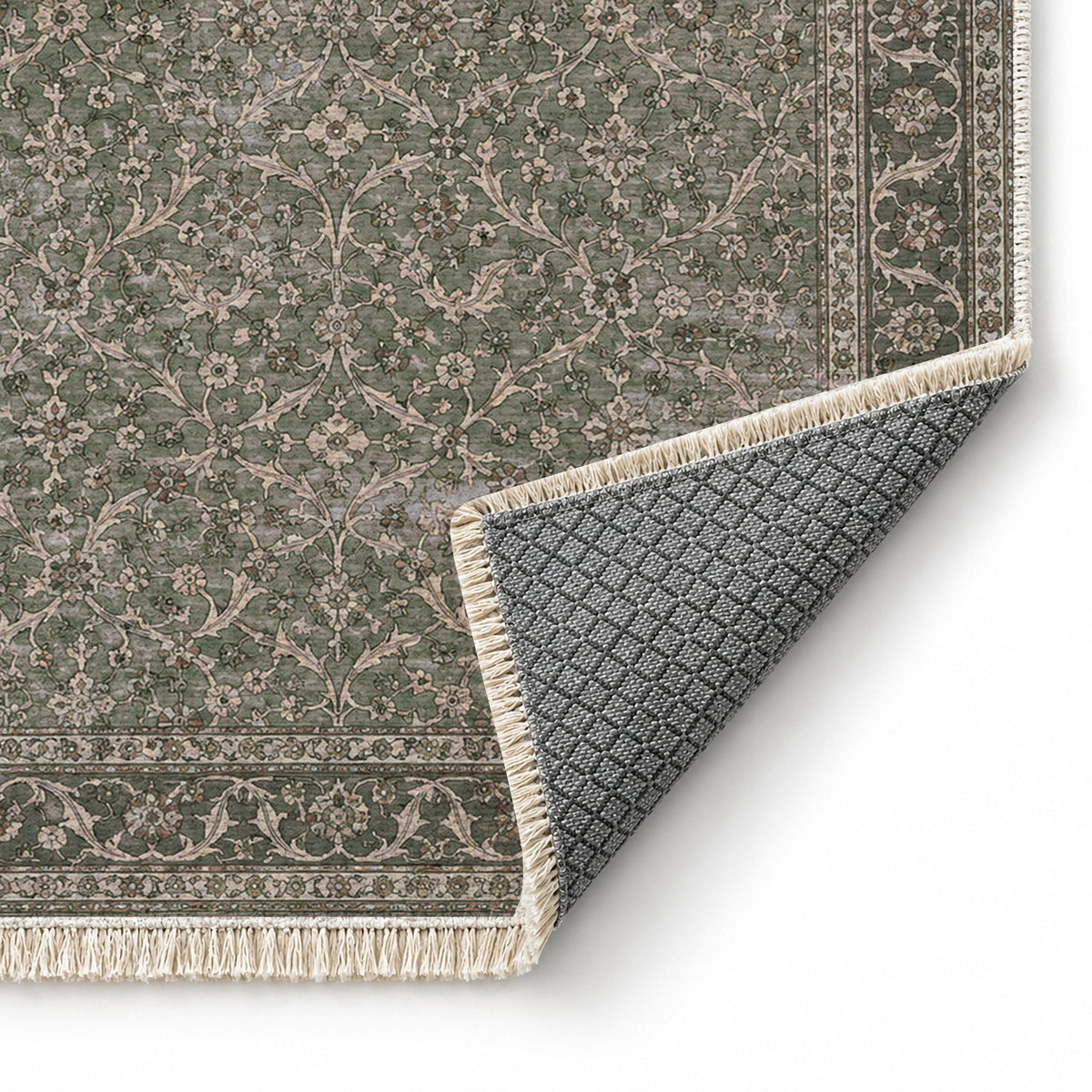 Split Leaf Network Graphite & Linen washable rug folded corner showing the backing