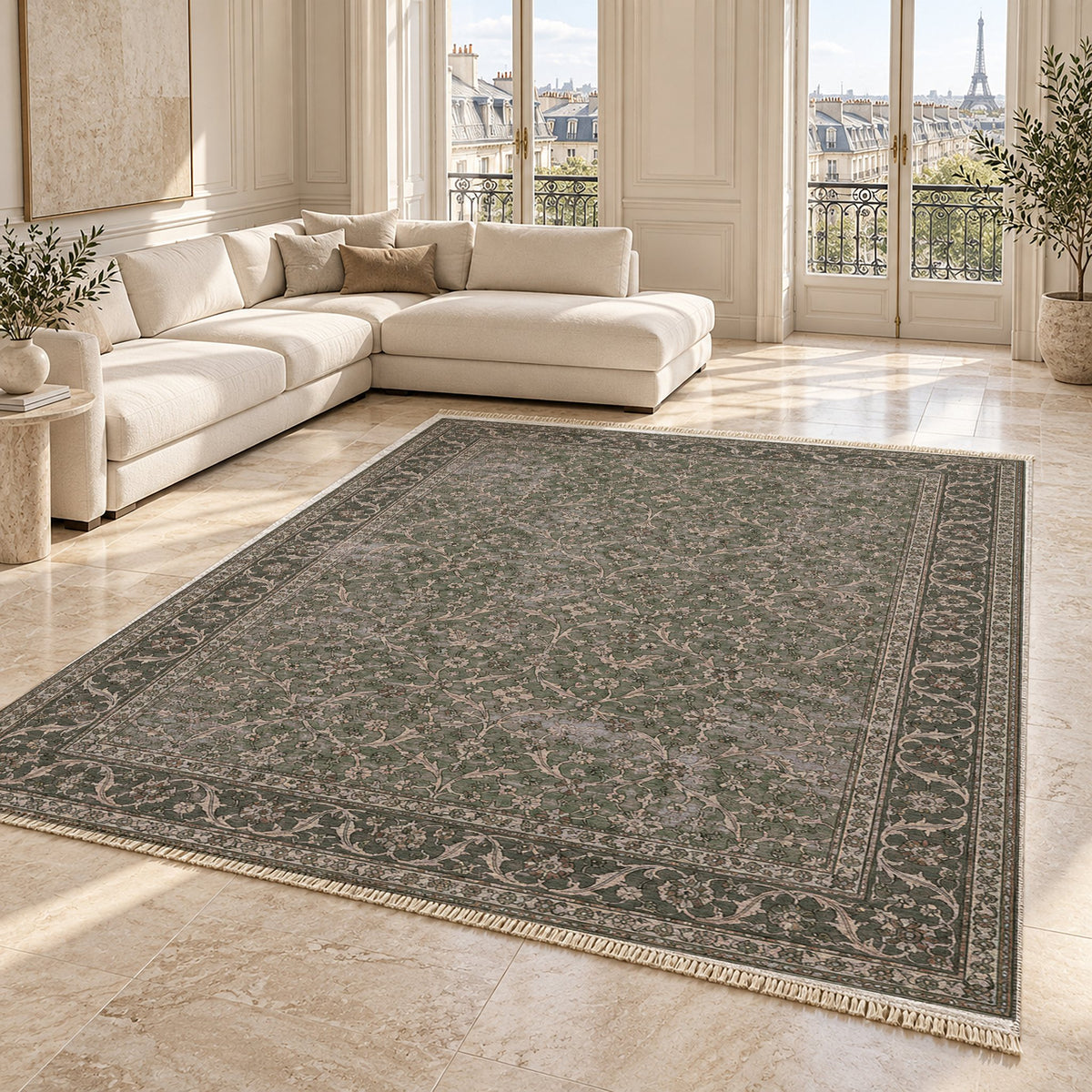 Split Leaf Network Graphite & Linen washable rug angled room view on marble