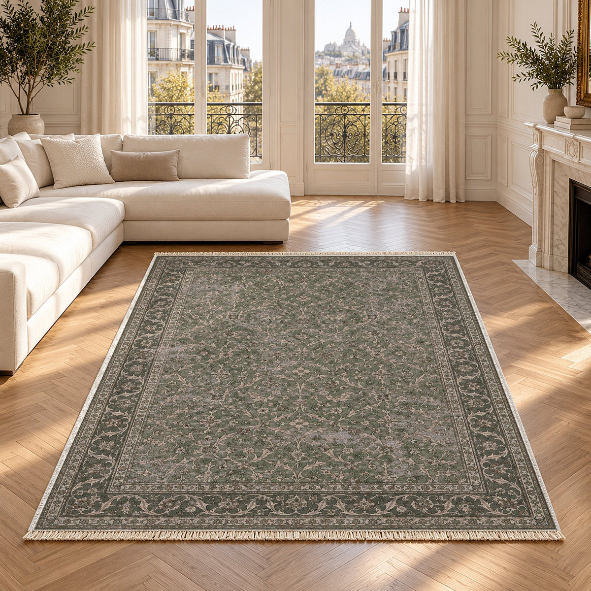 Split Leaf Network Graphite & Linen washable rug in a Paris living room