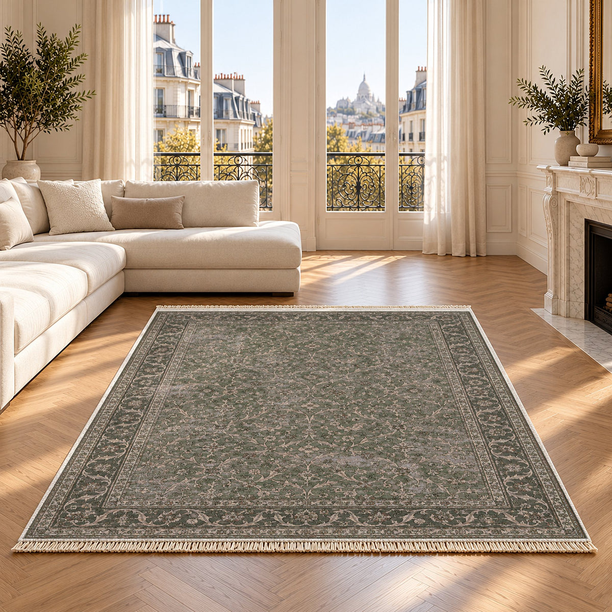 Split Leaf Network Graphite & Linen washable rug on an oak floor