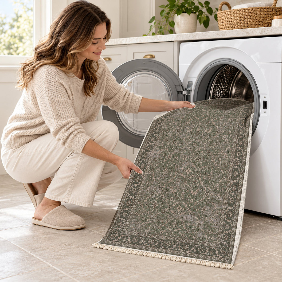 Split Leaf Network Graphite & Linen washable rug being loaded into a washing machine