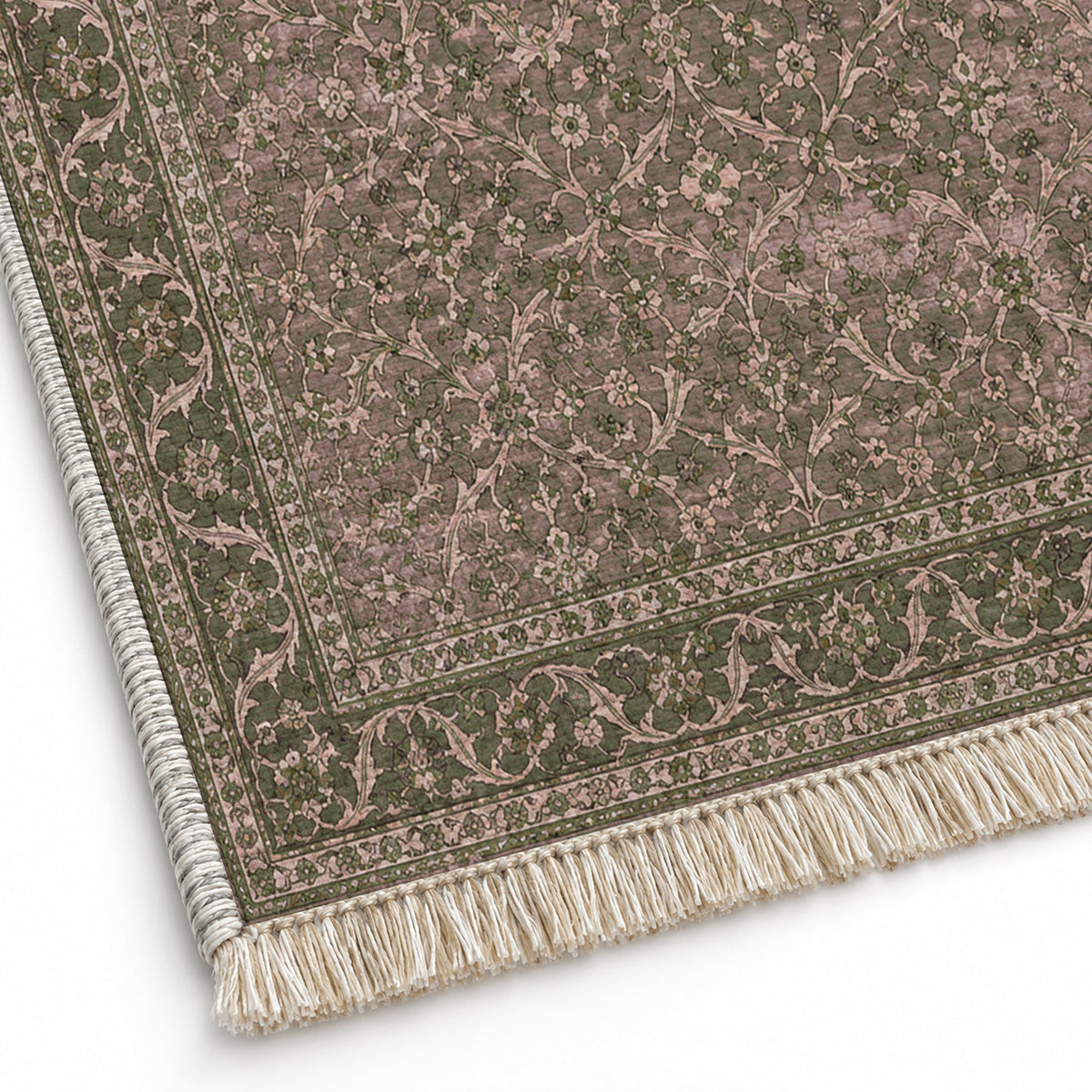 Split Leaf Network Rose & Olive washable rug close-up of the printed chenille