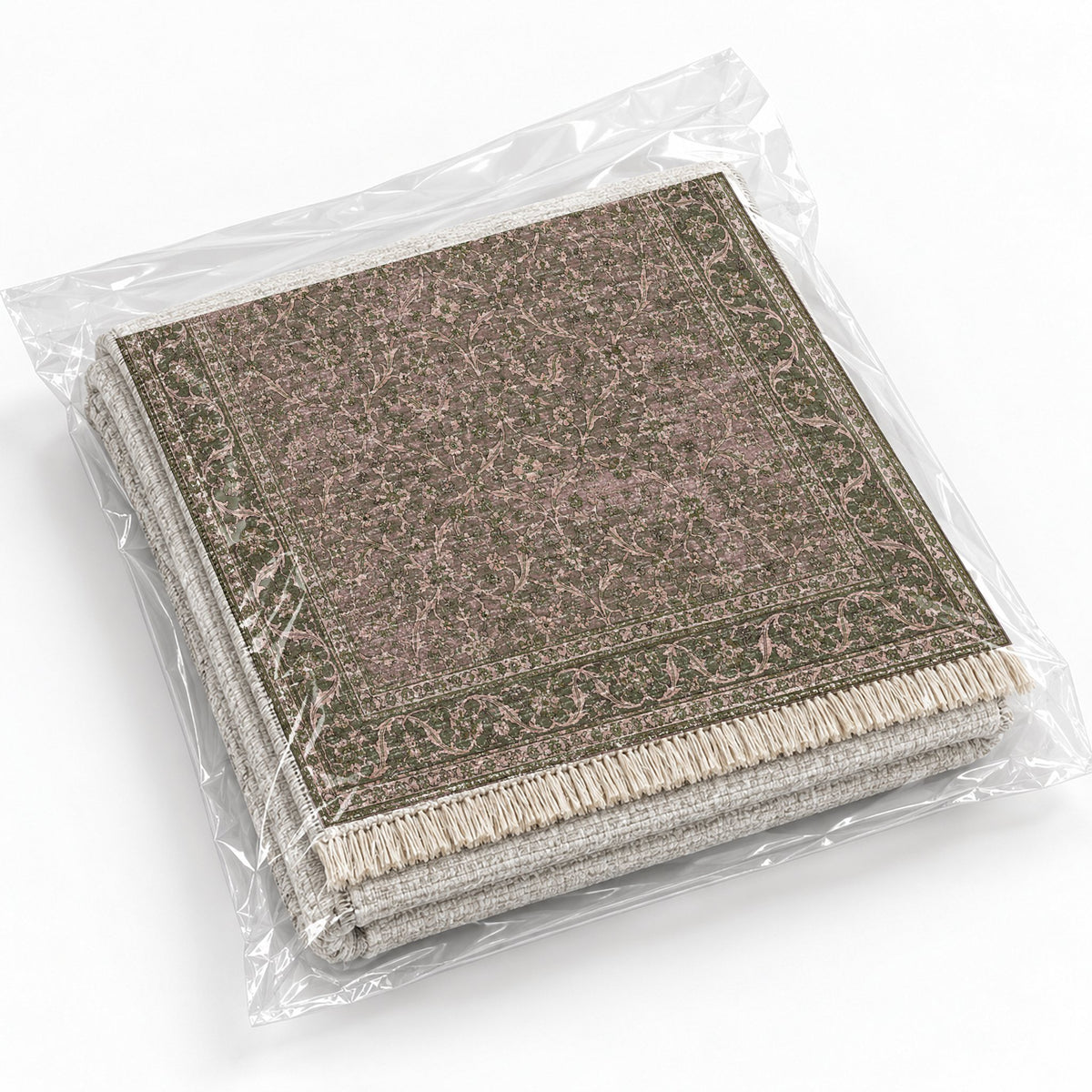 Split Leaf Network Rose & Olive washable rug rolled and packaged