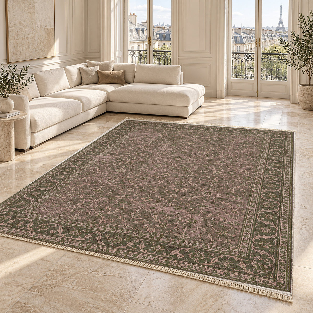 Split Leaf Network Rose & Olive washable rug angled room view on marble