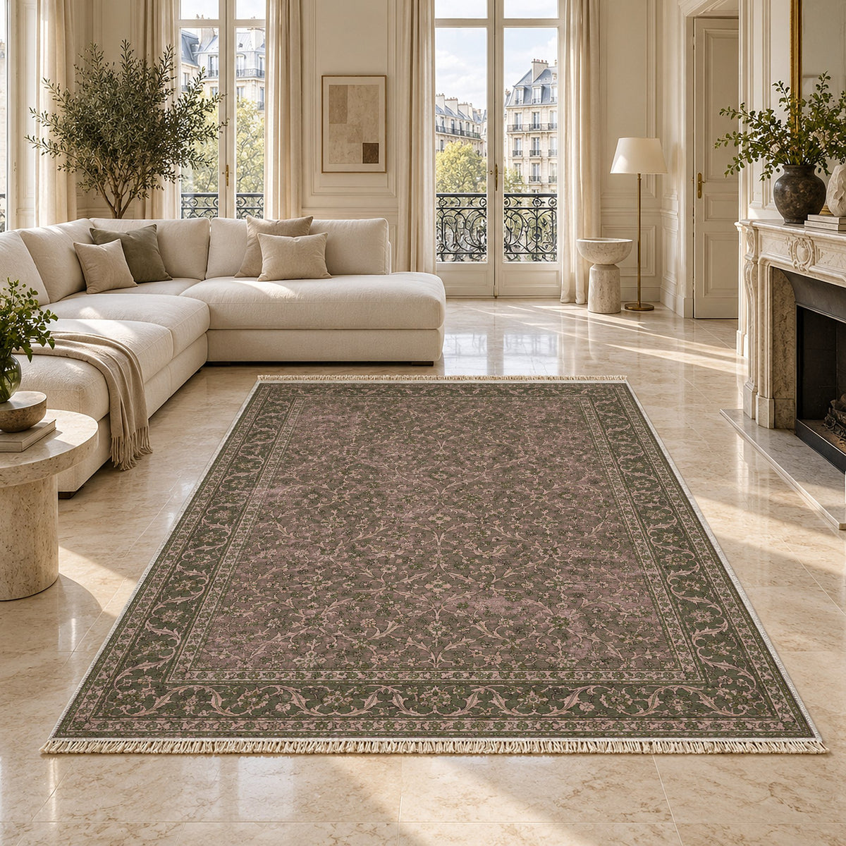 Split Leaf Network Rose & Olive washable rug on a marble floor