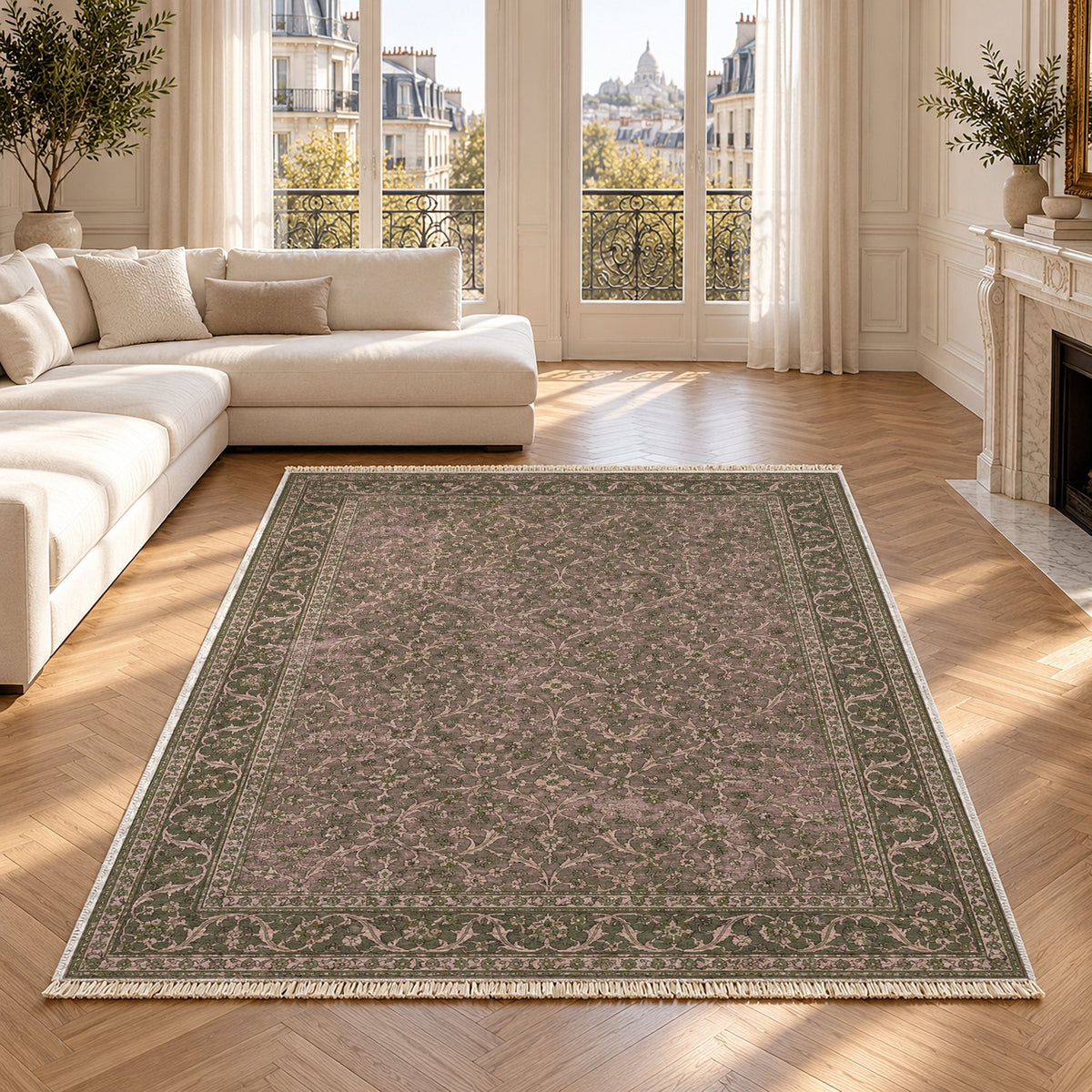 Split Leaf Network Rose & Olive washable rug in a Paris living room