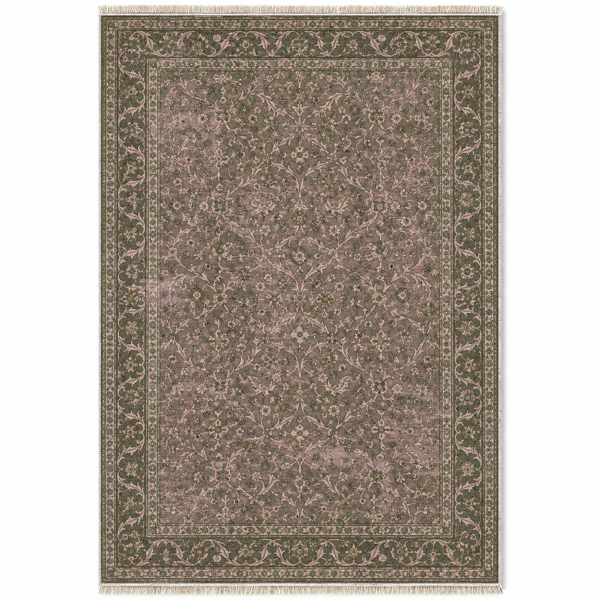Split Leaf Network Rose & Olive washable rug top view