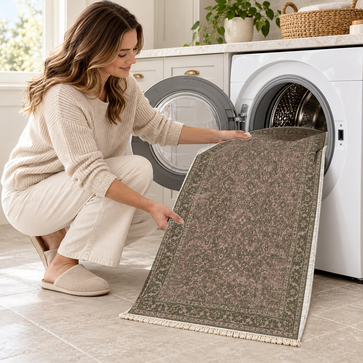 Split Leaf Network Rose & Olive washable rug being loaded into a washing machine