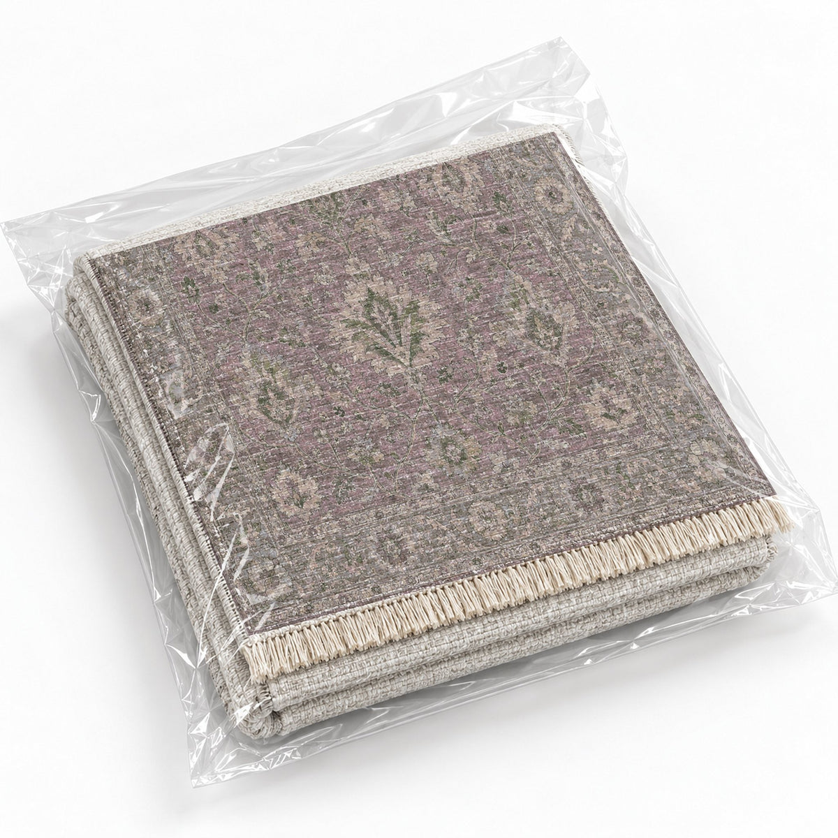 Split Palmette Court Graphite & Linen washable rug rolled and packaged