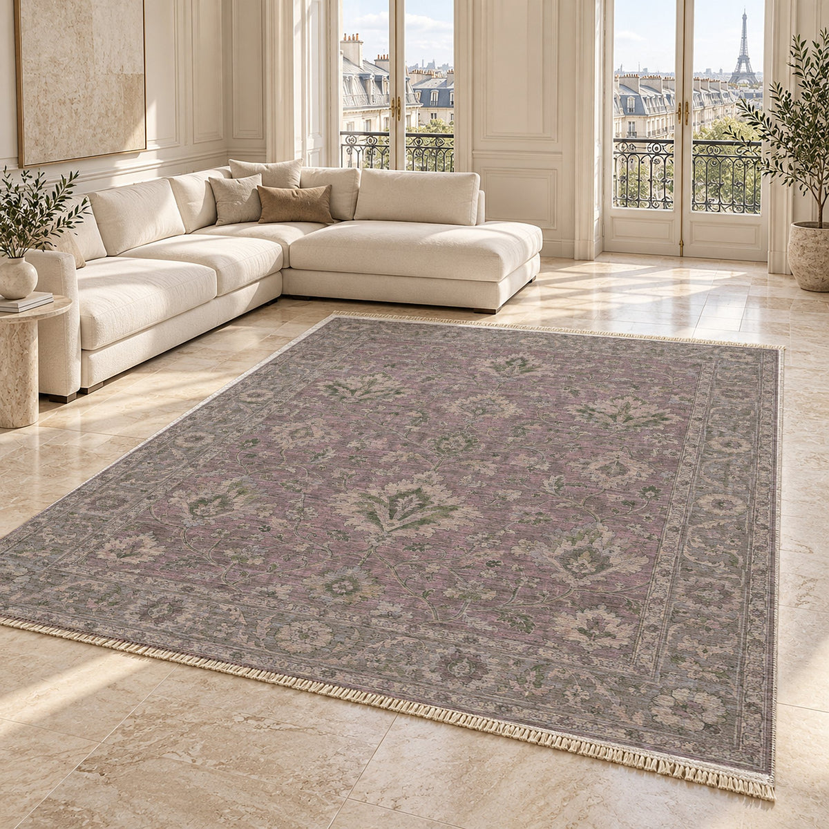 Split Palmette Court Graphite & Linen washable rug angled room view on marble