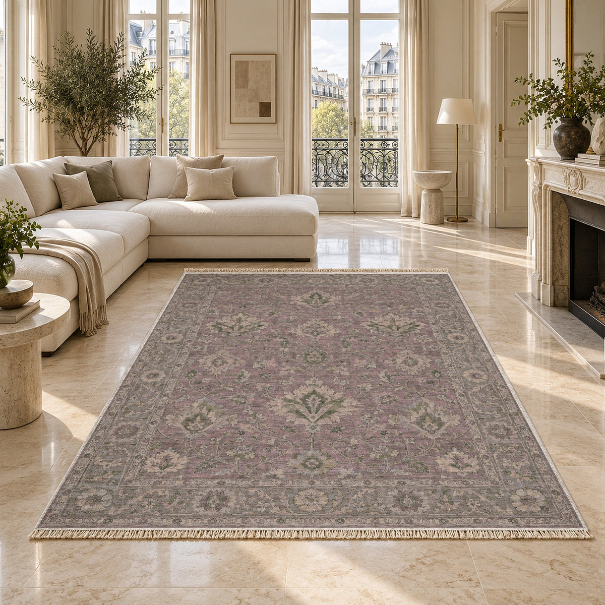 Split Palmette Court Graphite & Linen washable rug on a marble floor