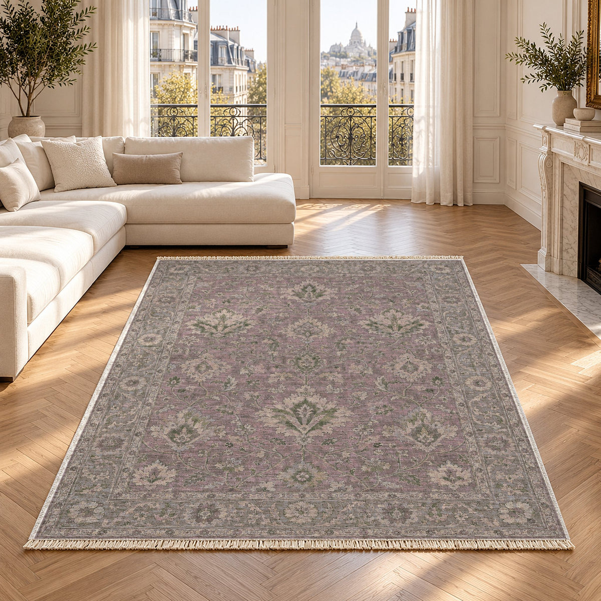 Split Palmette Court Graphite & Linen washable rug in a Paris living room